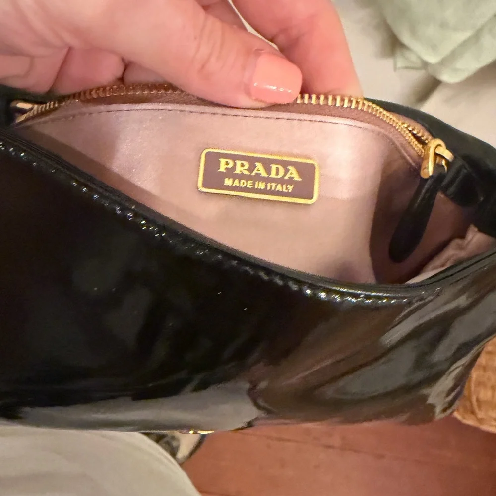 Prada Black Patent Clutch with Teal and Amber Gem Detail
